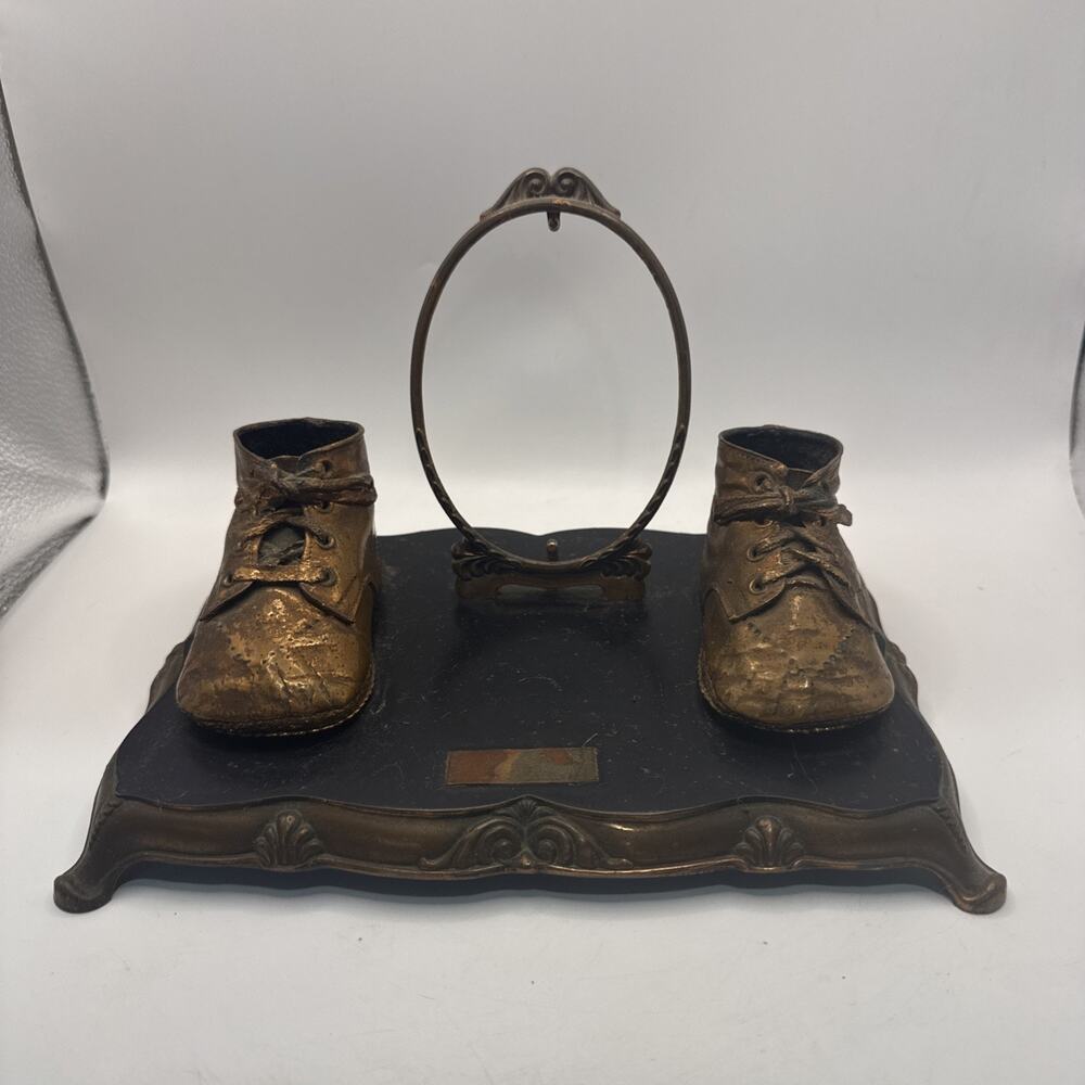Vintage Bronze Baby Shoes Display W Frame MCM 50-60s Retro Grammys House